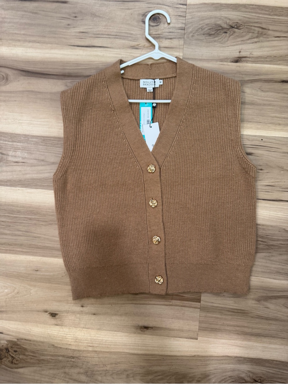 Molly Bracken Camel V-Neck Knit Button Vest
